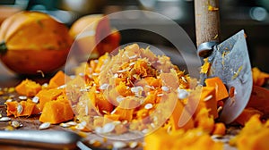 Diced pumpkin with seeds and rosemary on wooden cutting board