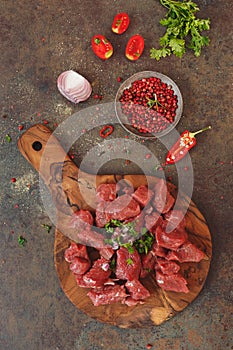 Diced raw angus beef meat and ingredients