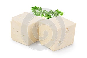 Diced tofu cheese isolated on white background with clipping path and full depth of field,