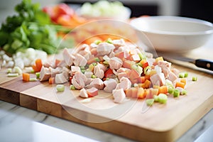 diced vegetables and chicken pieces prepped for coq au vin