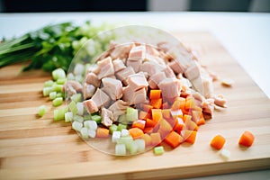 diced vegetables and chicken pieces prepped for coq au vin