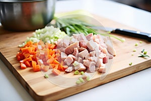 diced vegetables and chicken pieces prepped for coq au vin