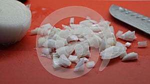 Diced white onion ready for cooking.