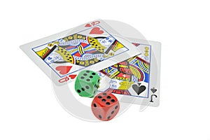 Dices and playing cards on white background