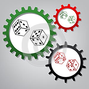 Dices sign. Vector. Three connected gears with icons at grayish