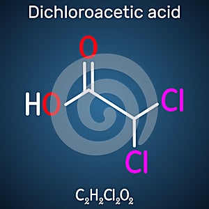 Dichloroacetic acid DCA, bichloroacetic acid BCA, C2H2Cl2O2 molecule. Structural chemical formula on the dark blue background