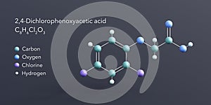 2,4-dichlorophenoxyacetic acid molecule 3d rendering, flat molecular structure with chemical formula and atoms color coding photo