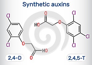 Trichlorophenoxyacetic acid 2,4,5-T molecule. Synthetic auxin. Structural chemical formula and molecule model photo
