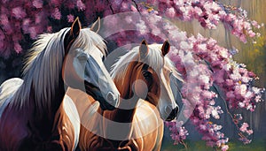 Dichromatic Majesty: A Confident Posse of Two Horses Standing Next to Large Opaque Blossoms and Closeup Honda Buds