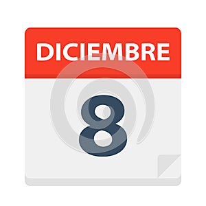 Diciembre 8 - Calendar Icon - December 8. Vector illustration of Spanish Calendar Leaf