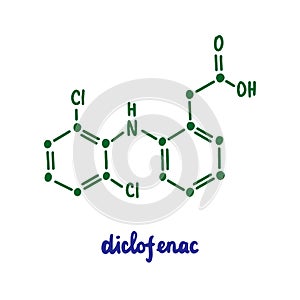 Diclofenac hand drawn vector formula chemical structure lettering blue green