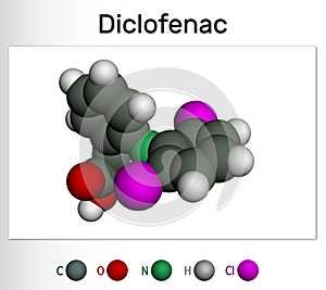 Diclofenac molecule, is a nonsteroidal anti-inflammatory drug NSAID drug. Molecule model