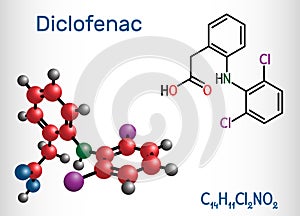 Diclofenac molecule, is a nonsteroidal anti-inflammatory drug NSAID drug. Structural chemical formula and molecule model