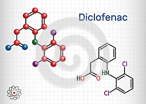 Diclofenac molecule, is a nonsteroidal anti-inflammatory drug NSAID drug. Structural chemical formula and molecule model. Sheet of