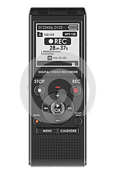 Dictaphone, digital voice recorder. Front view, 3D rendering