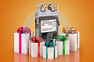 Dictaphone, voice recorder with gifts, 3D rendering