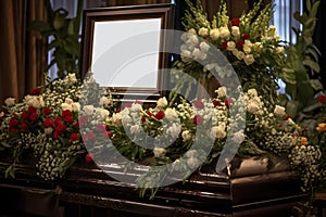 dictator funeral mockup, coffin with blank portrait board surrounded with large quantity of flowers, neural network