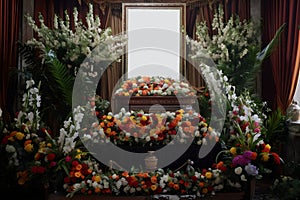 dictator funeral mockup, coffin with blank portrait board surrounded with large quantity of flowers, neural network