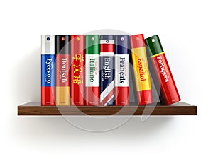 Dictionaries on bookshelf white backgound.