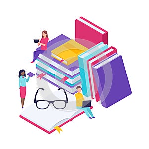 Dictionary library of encyclopedia. Book concept banner with characters. Flat isometric vector illustration isolated on photo