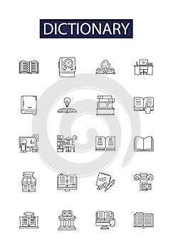 Dictionary line vector icons and signs. Vocabulary, Glossary, Onomasticon, Thesaurus, Roget, Manzoni, Encyclopedia