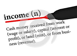 Dictionary term of income isolated on white background