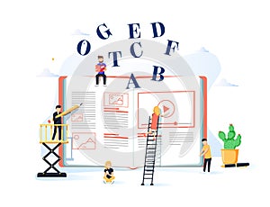 Dictionary vector illustration. Flat tiny translation book persons concept. Abstract literature reading with letters