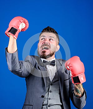 We did it. powerful man boxer ready for corporate battle. Business and sport success. bearded man in boxing gloves