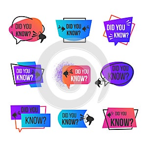 Did you know label set. Badge with megaphon social media faq banner. Vector thinking quiz geometric banners photo