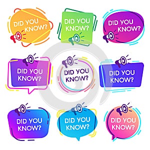 Did you know labels. Interesting facts speech bubbles, knowledge base label and social media faq banner isolated vector