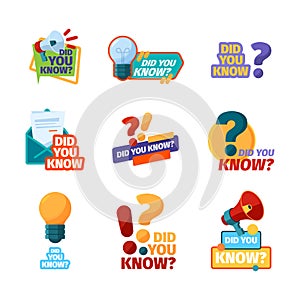 Did you know. Promotional badges with talking phrase discourse labels with megaphone flat pictures garish vector