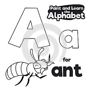 Didactic Alphabet to Color it, with Ant and Letter A, Vector Illustration