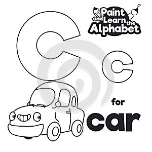 Didactic Alphabet to Color it, with Letter C and Car, Vector Illustration