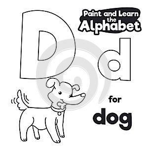 Didactic Alphabet to Color it, with Letter D and Dog, Vector Illustration