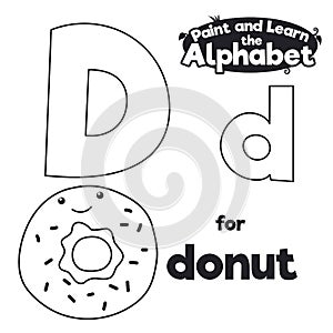 Didactic Alphabet to Color it, with Letter D and Donut, Vector Illustration