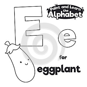 Didactic Alphabet to Color it, with Letter E and Eggplant, Vector Illustration