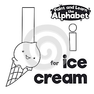 Didactic Alphabet to Color it, with Letter I and Ice Cream, Vector Illustration