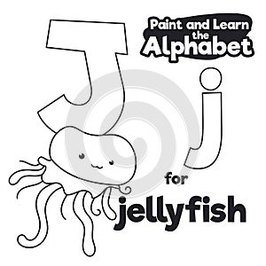 Didactic Alphabet to Color it, with Letter J and Jellyfish, Vector Illustration