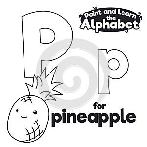 Didactic Alphabet to Color it, with Letter P and Pineapple, Vector Illustration