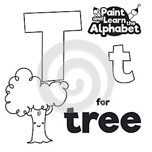 Didactic Alphabet to Color it, with Letter T and Tree, Vector Illustration