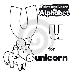 Didactic Alphabet to Color it, with Letter U and Unicorn, Vector Illustration