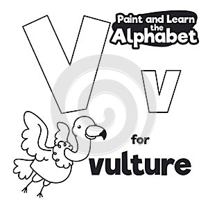 Didactic Alphabet to Color it, with Letter V and Vulture, Vector Illustration