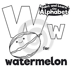 Didactic Alphabet to Color it, with Letter W and Watermelon, Vector Illustration