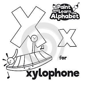 Didactic Alphabet to Color it, with Letter X and Xylophone, Vector Illustration