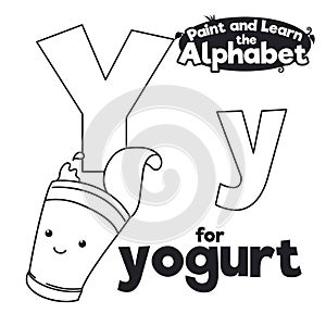 Didactic Alphabet to Color it, with Letter Y and Yogurt, Vector Illustration