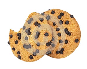 die cut dark chocolate chip cookies piece stack and crumbs on white background of closeup tasty bakery organic homemade American