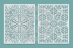 Die and laser cut decorative panels with snowflakes image. Lazer cutting lacy borders. Set of Wedding Invitation or greeting card photo