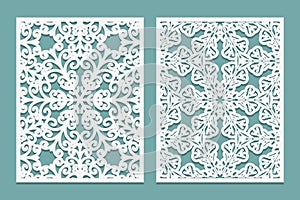 Die and laser cut decorative screen panels with snowflakes design. Lazer cutting lace borders. Set of Wedding Invitation or photo