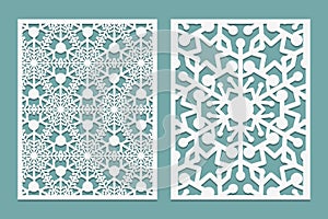 Die and laser cut intricate panels with snowflakes pattern. Laser cutting lace borders. Invitation and Greeting card templates.