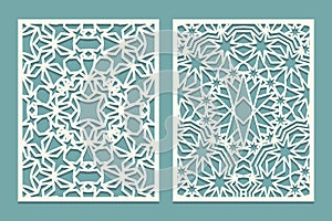 Die and laser cut ornamental panels with Islamic ornament with stars. Laser cutting decorative lace borders patterns. Set of